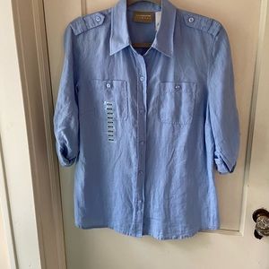 NWT Liz Claiborne LizWear 100% Linen Blue Shirt with Shirttail Hemline Sz Med
